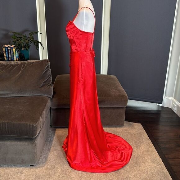 Red Satin Full Length Prom Party Formal Dress CrissCross Straps Leg Slit Size 8 - Picture 7 of 14